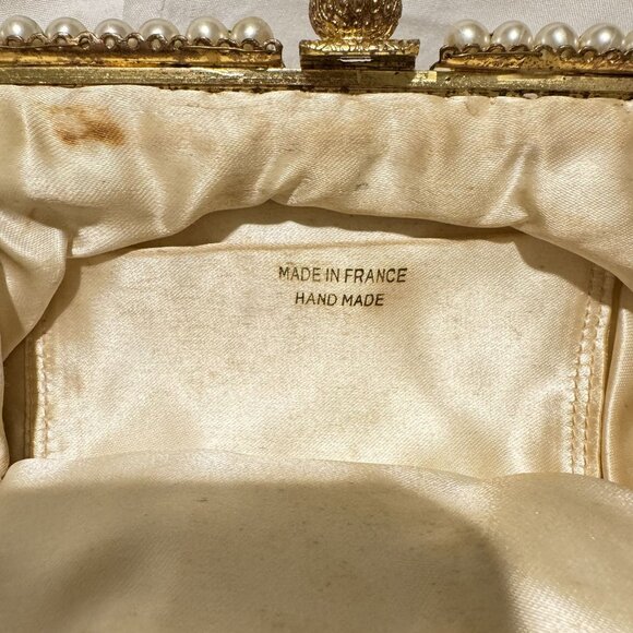 Vintage Handmade Bag Womens Silk Cream 60s Beaded Pearls French Mini Handbag - Picture 6 of 8